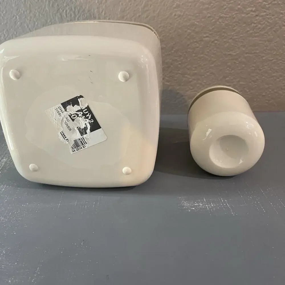 Vintage JCPenney Cream Bathroom Tissue Box Cover Toothbrush Holder Brass Trim